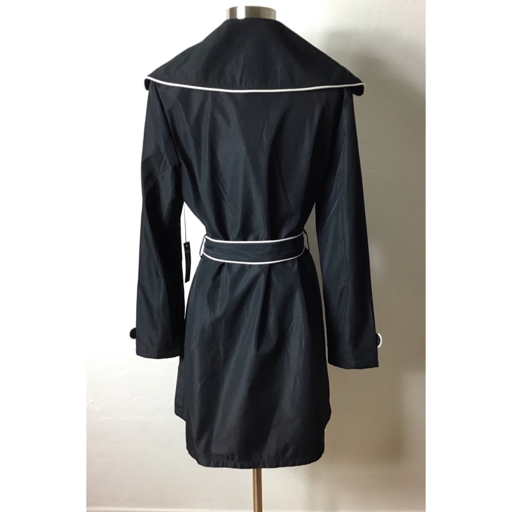Vertigo black w/ white piping retro style collared belted rain tench coat jacket - Picture 6 of 12